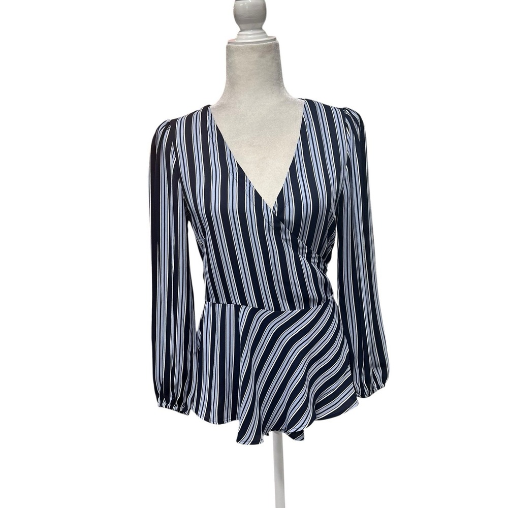Ann Taylor LOFT Women Size XS Blue Striped Long Sleeve Peplum Tie Wrap Tunic NEW - Picture 5 of 10